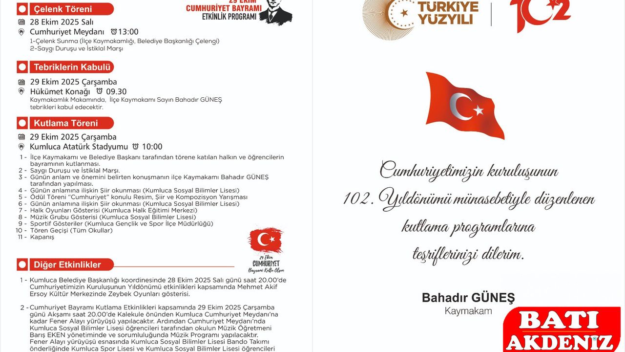 Kumluca’da Cumhuriyet’in 102’nci Yılı Coşkuyla Kutlanacak!