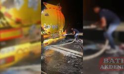 Osmaniye'de mazot yüklü tanker seyir halindeyken alev aldı
