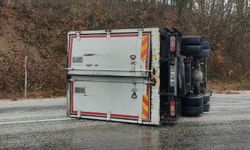 Virajı alamayan kamyon yan yattı: 2 yaralı