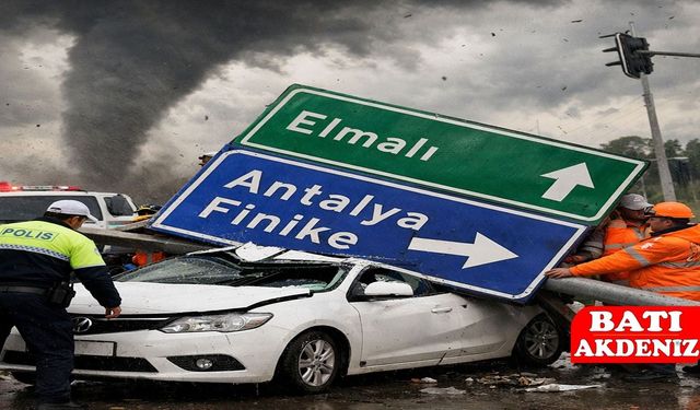 Finike’de Hortum: Yönlendirme Tabelası Aracın Üzerine Devrildi