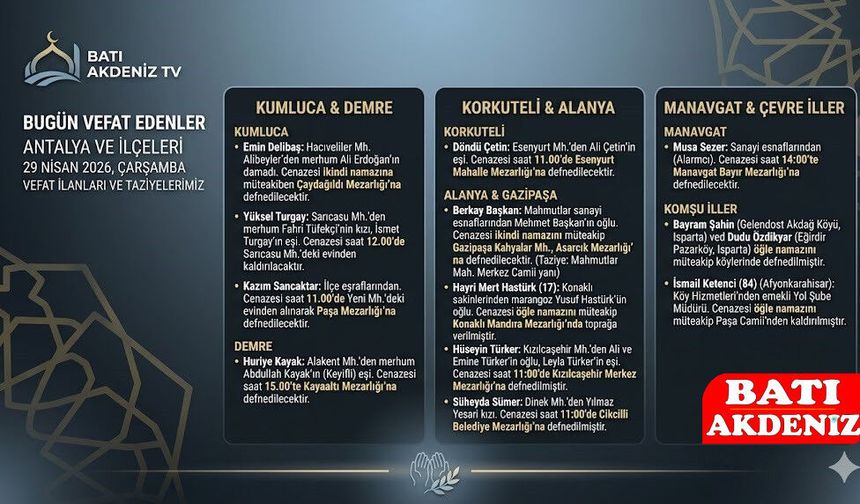 Antalya ve İlçelerinde Bugün Vefat Edenler